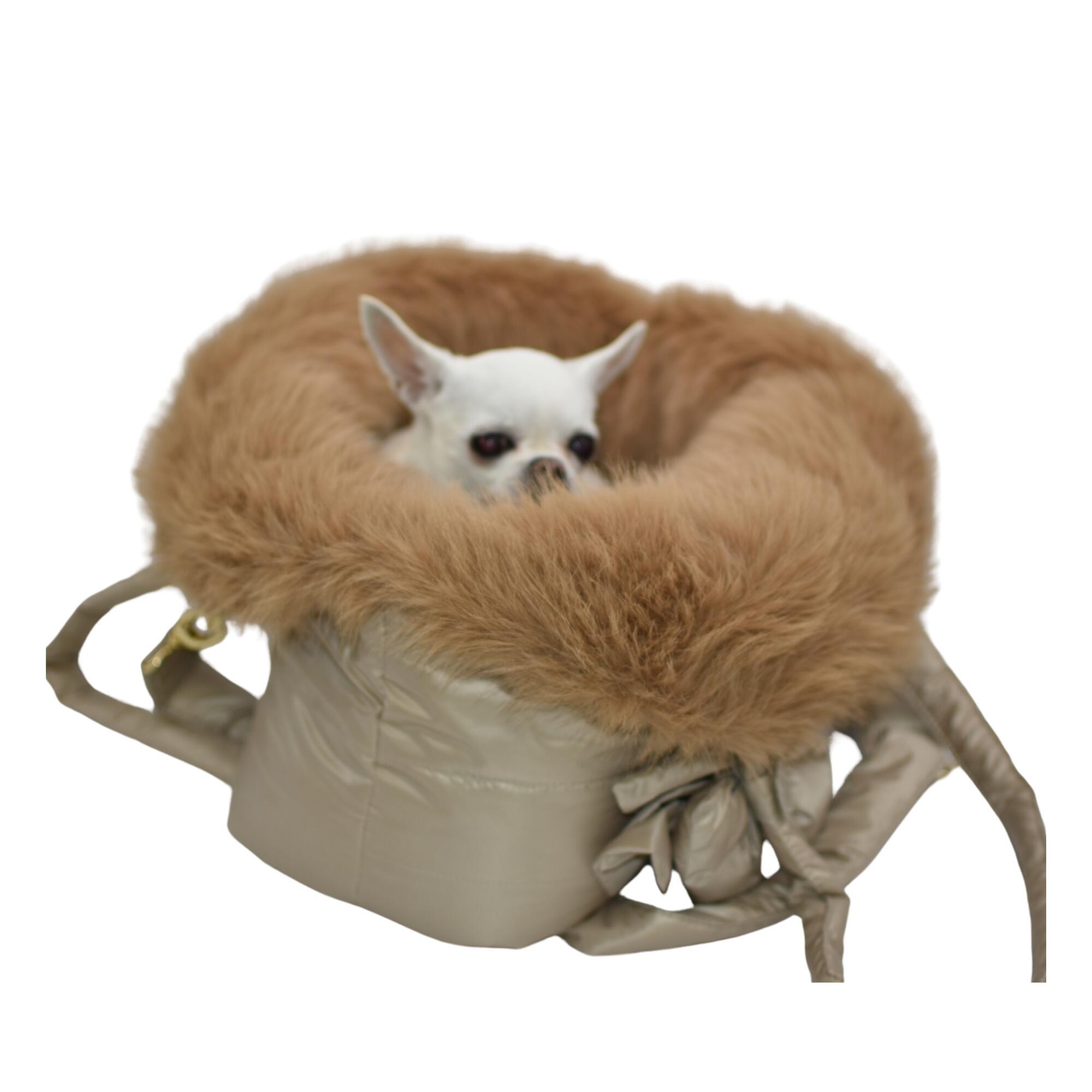 Borsa cuccia per cani ecopelliccia sabbia con Ginger