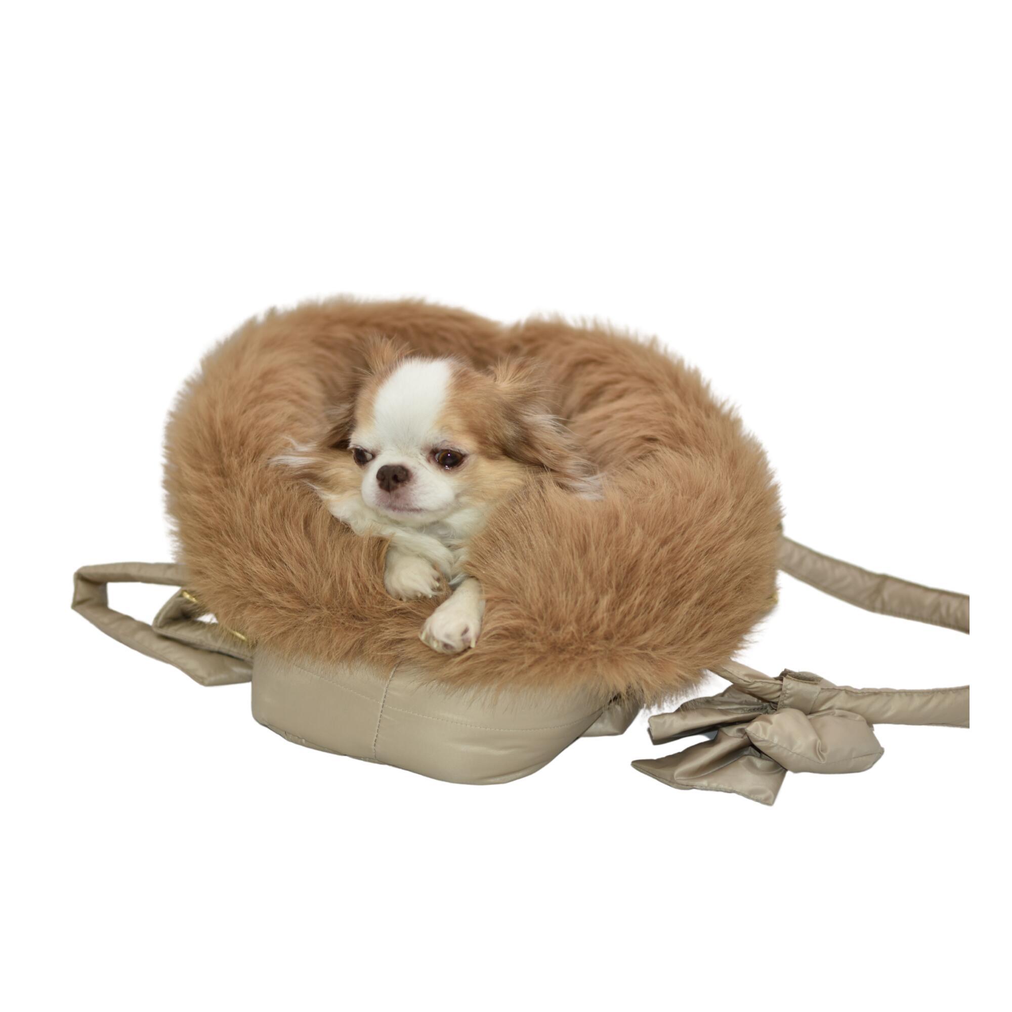 Borsa cuccia per cani ecopelliccia sabbia con Ciko