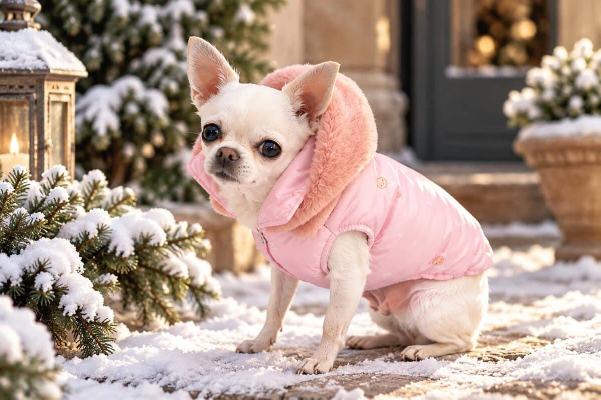 Chihuahua con piumino invernale per cani