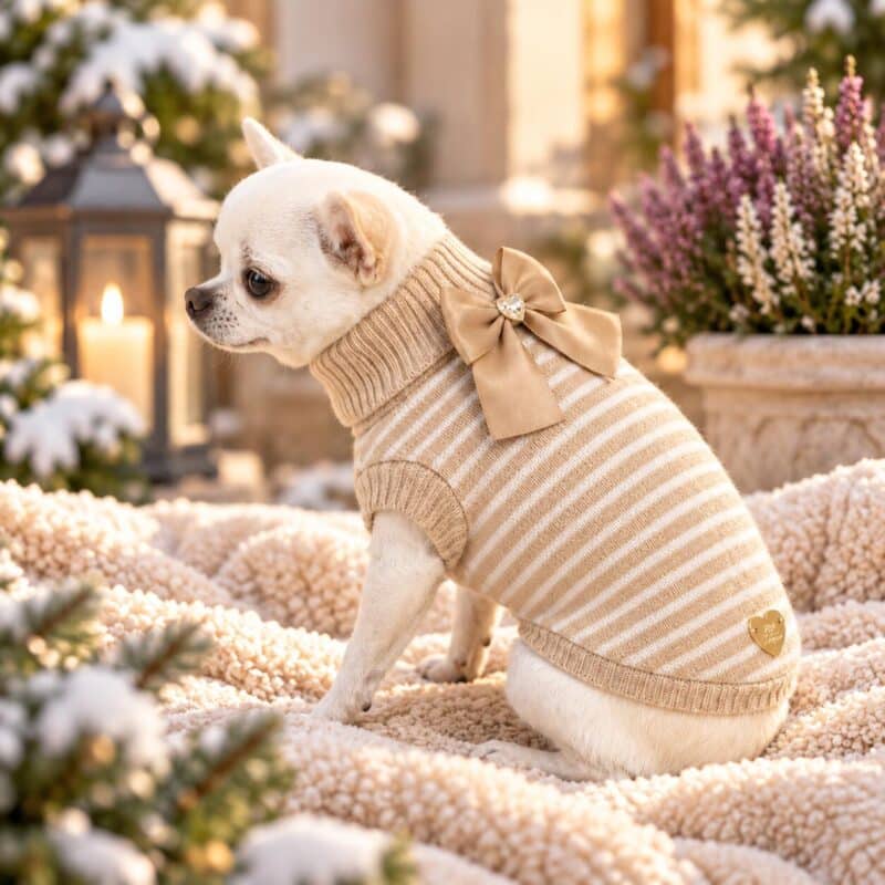 Chihuahua con maglioncino in lana merinos a righe per l'inverno
